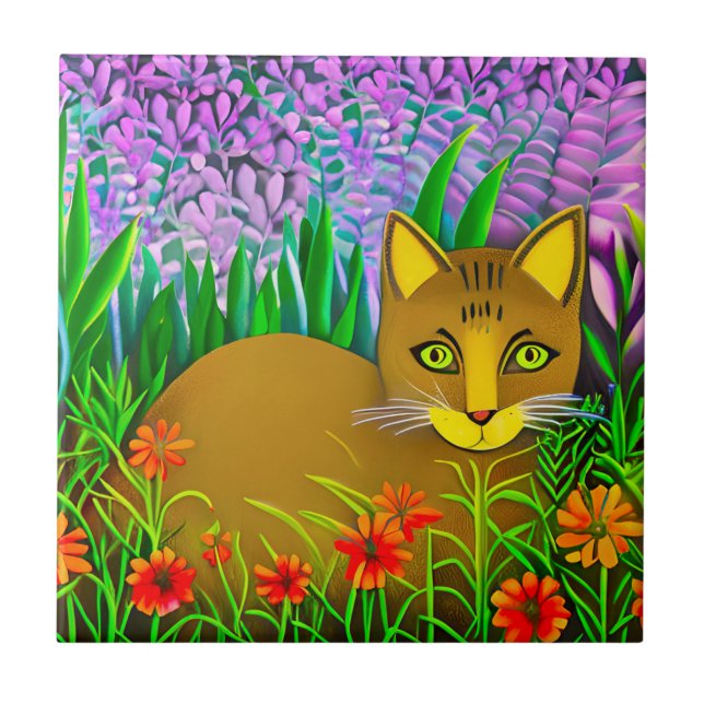 Azulejo Gato de ojos verdes en un jardín de flores (Frente)