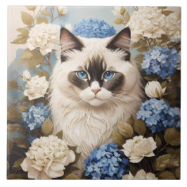 Azulejo Gato De Ragdoll Con Flores De Hidrangea Azul