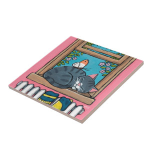 Azulejo Gato de Tabby el dormir con la mariposa en