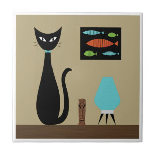 Azulejo Gato de tabletas de mediados del siglo con pescado