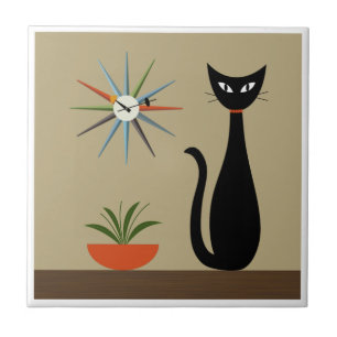Azulejo Gato de tabletop de mediados del siglo con reloj d