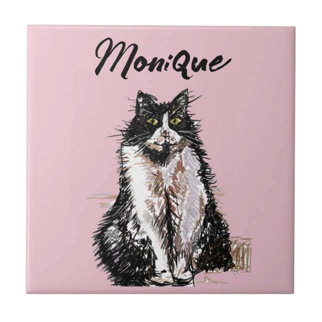 Azulejo Gato de Tuxedo Gatos Cuidados Pastel Blanco Negro  (Frente)