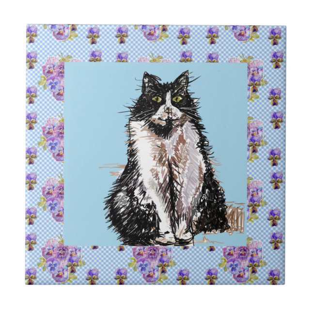 Azulejo Gato de Tuxedo Gatos Negros y Blancos Tile Feliz (Frente)