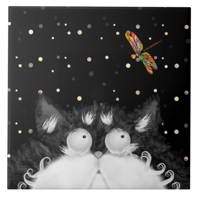 Azulejo Gato de Tuxedo sorprendido por libélula (Frente)