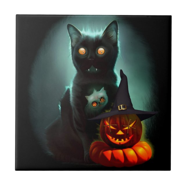 Azulejo Gato de vampiros y mago calabaza Halloween Surreal (Frente)