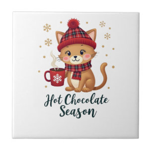 Azulejo Gato Divertido Chocolate Caliente Temporada Feliz