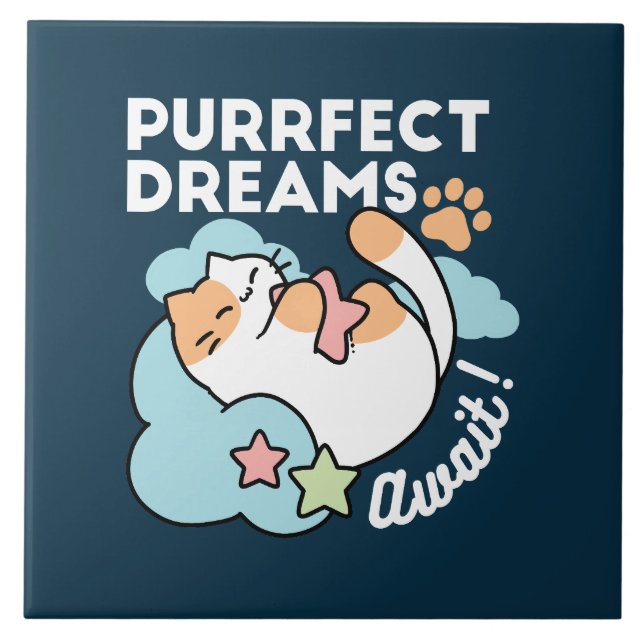Azulejo Gato Dormilón Abrazando Estrella – Sueños Perfecto (Frente)