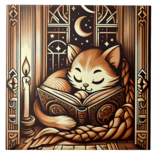 Azulejo Gato durmiendo al estilo Art Deco con un libro