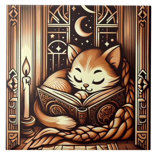 Azulejo Gato durmiendo al estilo Art Deco con un libro (Frente)