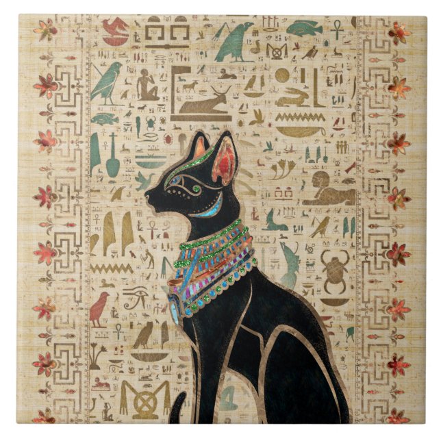 Azulejo Gato egipcio - Bastet en el papiro (Frente)
