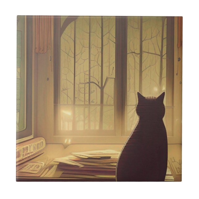 Azulejo Gato en el escritorio con papeles mirando árboles  (Frente)