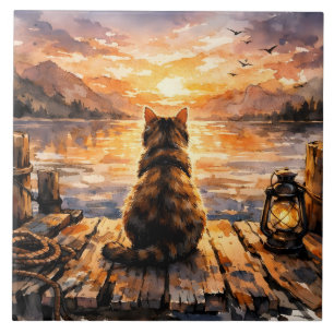 Azulejo Gato en el muelle al atardecer