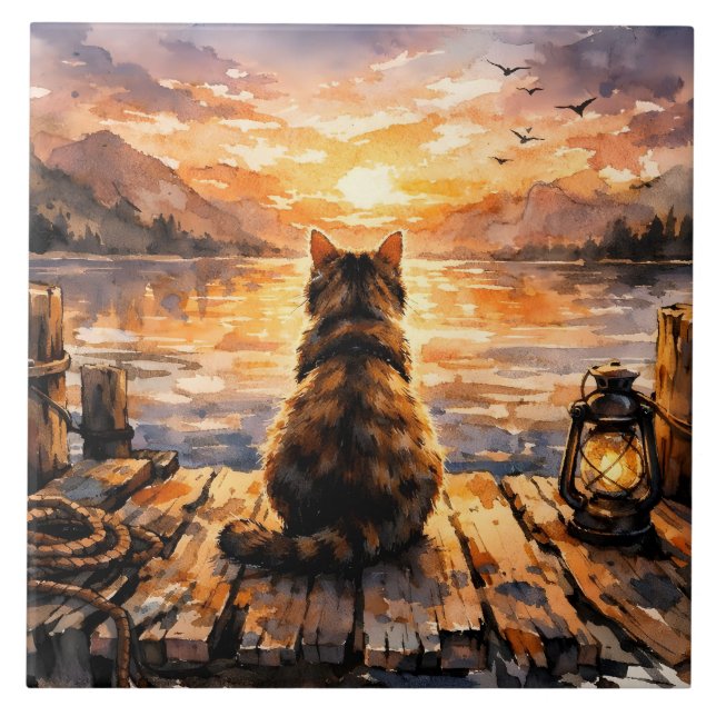 Azulejo Gato en el muelle al atardecer (Frente)