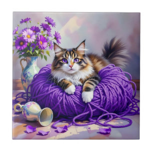 Azulejo Gato en hilo púrpura y flores