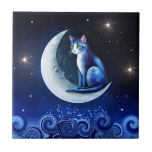 Azulejo Gato en la luna creciente azul gato 773