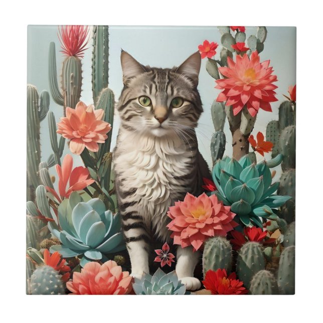 Azulejo Gato entre los cactús | Amantes del gato (Frente)
