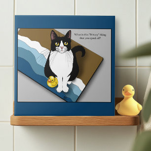 Azulejo Gato Esmoquin Divertido Privacidad Baño Azul