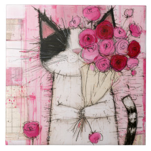 Azulejo Gato Esmoquin Sosteniendo Ramo de Rosas Rosadas