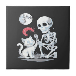 Azulejo Gato Esqueleto Halloween Divertido Lindo Espeluzna