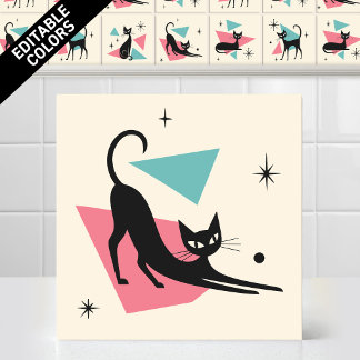Azulejo Gato estirándose retro atómico de los 50 Editable