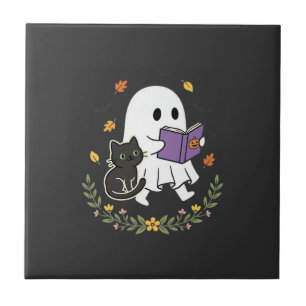 Azulejo Gato Fantasma de Halloween Leyendo Libro Diseño Fl