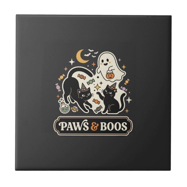 Azulejo Gato Fantasma Magia de Halloween (Frente)