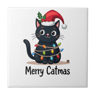 Azulejo Gato Feliz Navidad Luz de Navidad de Gato Negro Na