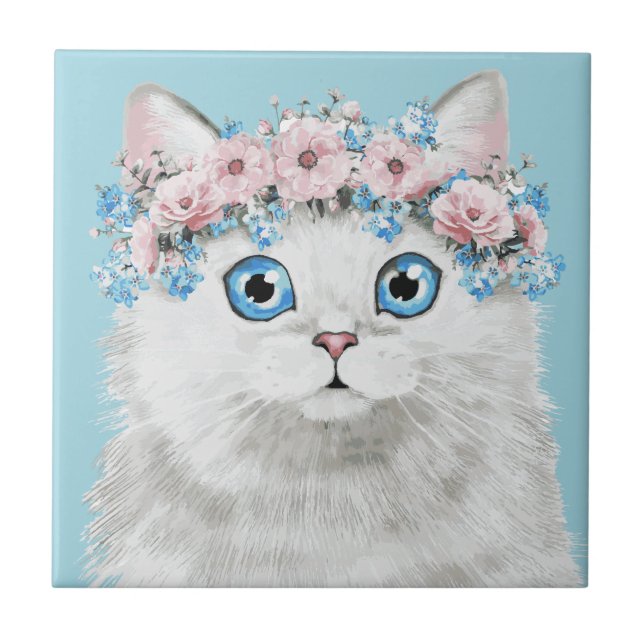 Azulejo Gato floral blanco dulce (Frente)