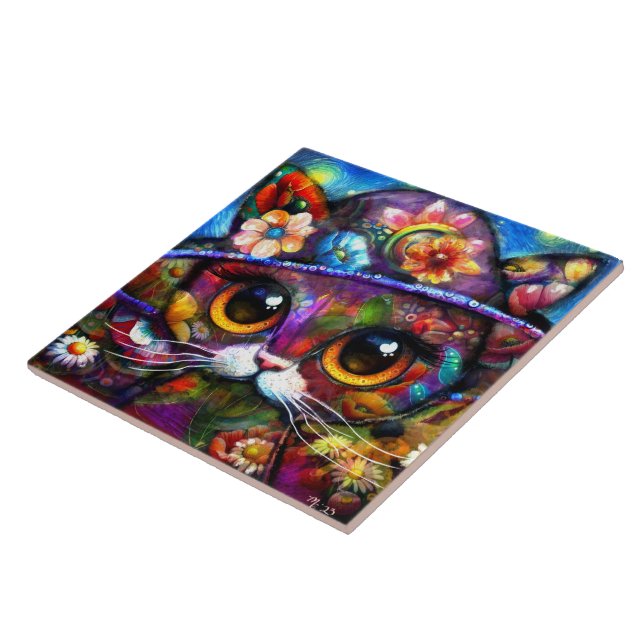 Azulejo Gato gatito caprichoso con floral Gorra (Lado)