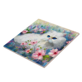 Azulejo Gato gitano blanco persa ojos azules en flores ros