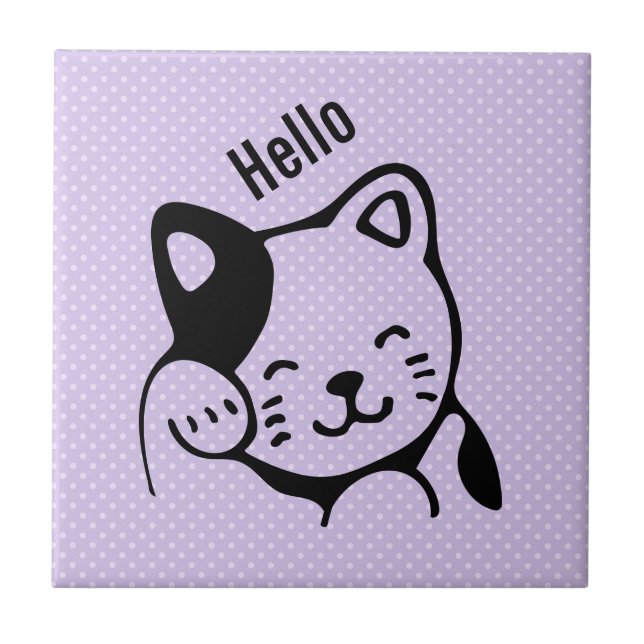 Azulejo Gato gitano blanco y negro lindo saludando (Frente)