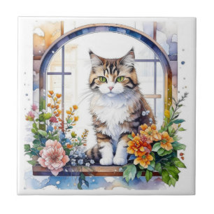 Azulejo Gato gitano en la ventana de flores