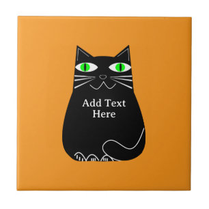 Azulejo Gato Gordo Negro Con Ojos Verdes Texto Personaliza