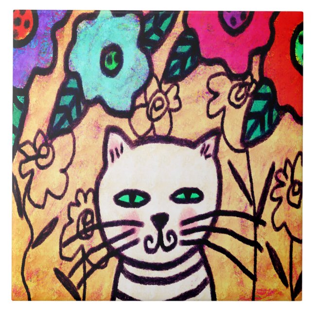 Azulejo Gato gracioso con flores Resumen de arte (Frente)