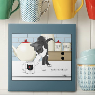 Azulejo Gato Gris Blanco Curioso Taza de Té Divertida Coci