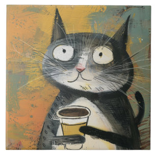 Azulejo Gato gris con café sobre ocre