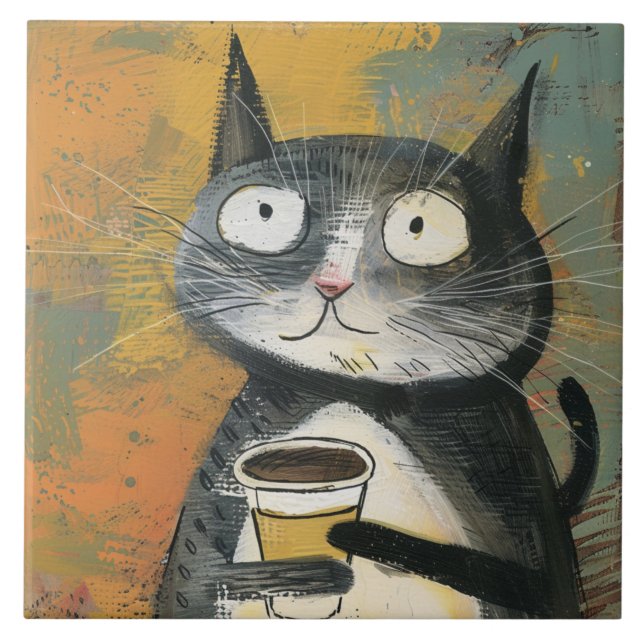 Azulejo Gato gris con café sobre ocre (Frente)