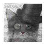 Azulejo Gato gris con sombrero superior<br><div class="desc">Gato,  gris con sombrero superior de FabFunky. Cuenta con un gato de perro vestido con un sombrero de tope divertido y un monóculo. | 191394D</div>
