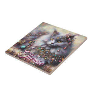 Azulejo Gato Gris de Pelo Largo con Joyas Piedras Preciosa