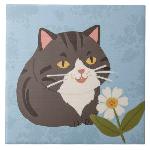 Azulejo Gato gris lindo y encantador con una flor de manza