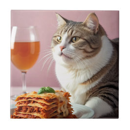 Azulejo Gato gris puro con lasagna y vidrio de vino