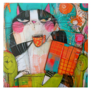 Azulejo Gato Gruñón Bebiendo Café En Butaca