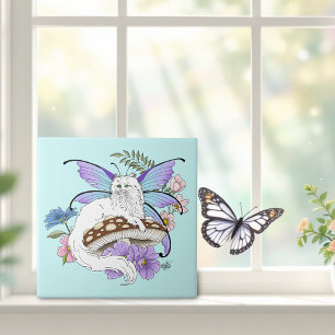 Azulejo Gato Hada Caprichoso Blanco Hongo Azul Fantasía