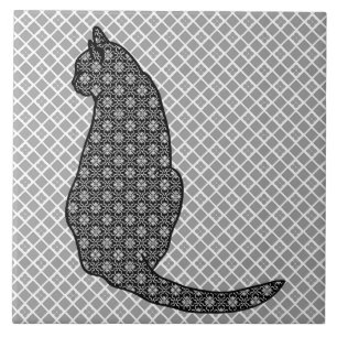 Azulejo Gato japonés - Impresión de kimono negro y blanco