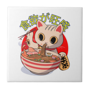 Azulejo Gato japonés lindo comiendo fideos con palillos