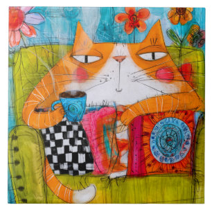 Azulejo Gato Jengibre Caprichoso con Taza de Té