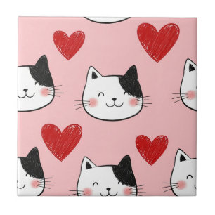 Azulejo Gato Kawaii y Patrón de San Valentín de Corazones 