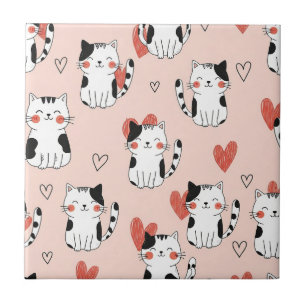 Azulejo Gato Kawaii y Patrón de San Valentín de Corazones 