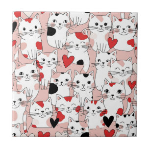 Azulejo Gato Kawaii y Patrón de San Valentín de Corazones