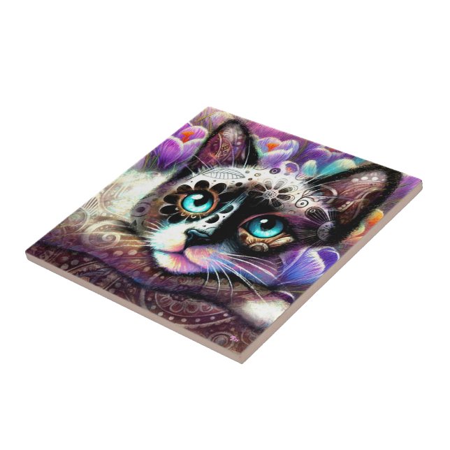 Azulejo Gato kitano siamés crocus floral morado blanco Ver (Lado)